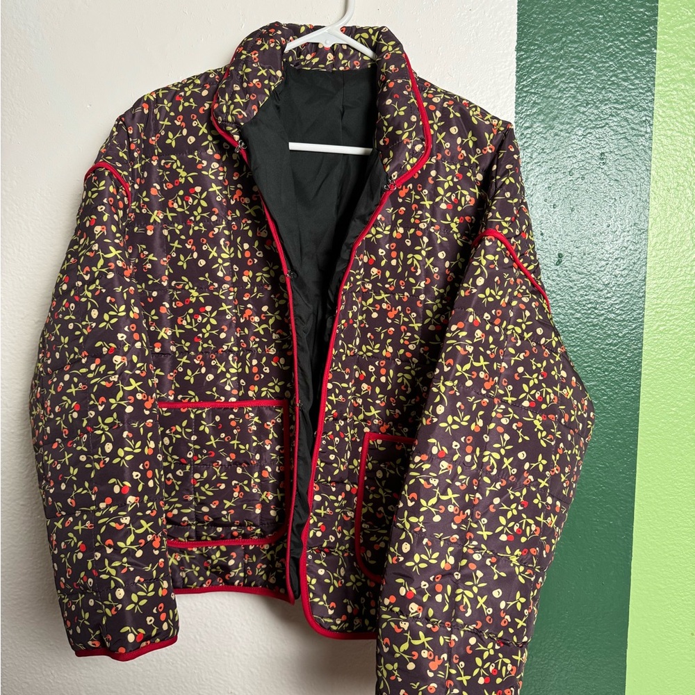 Floral Quilted Jacket with Red Trim
